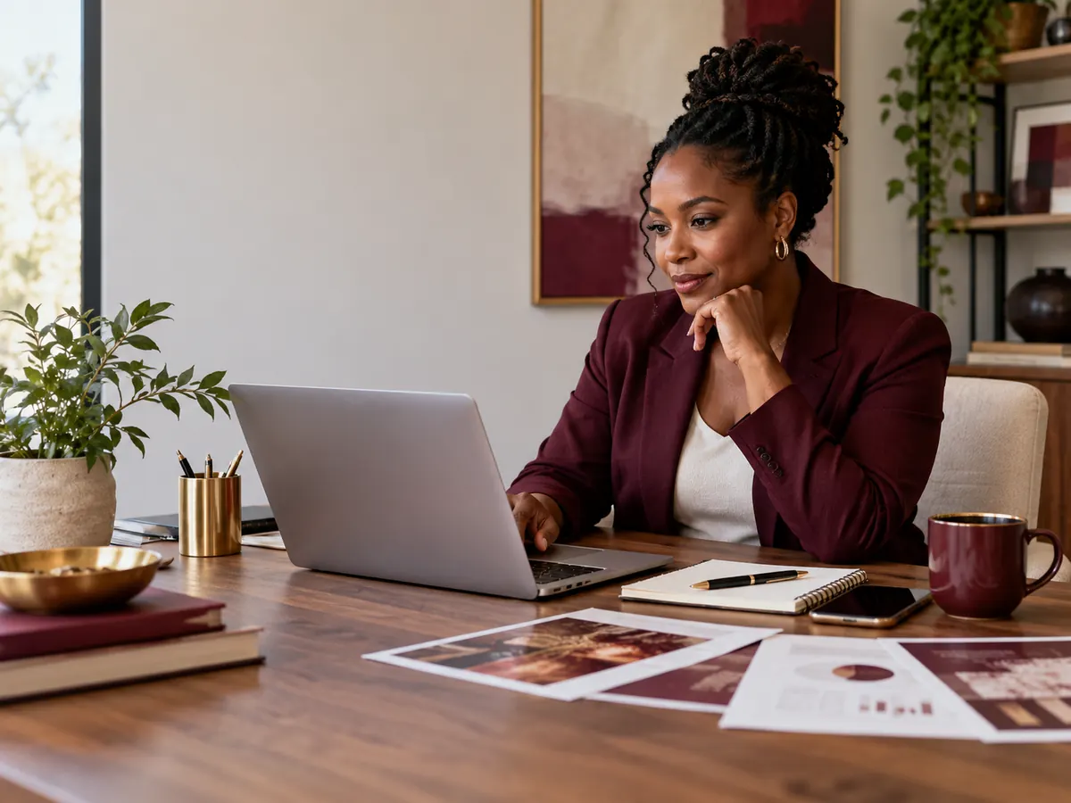 A fundraising strategist working through campaign materials at her desk.