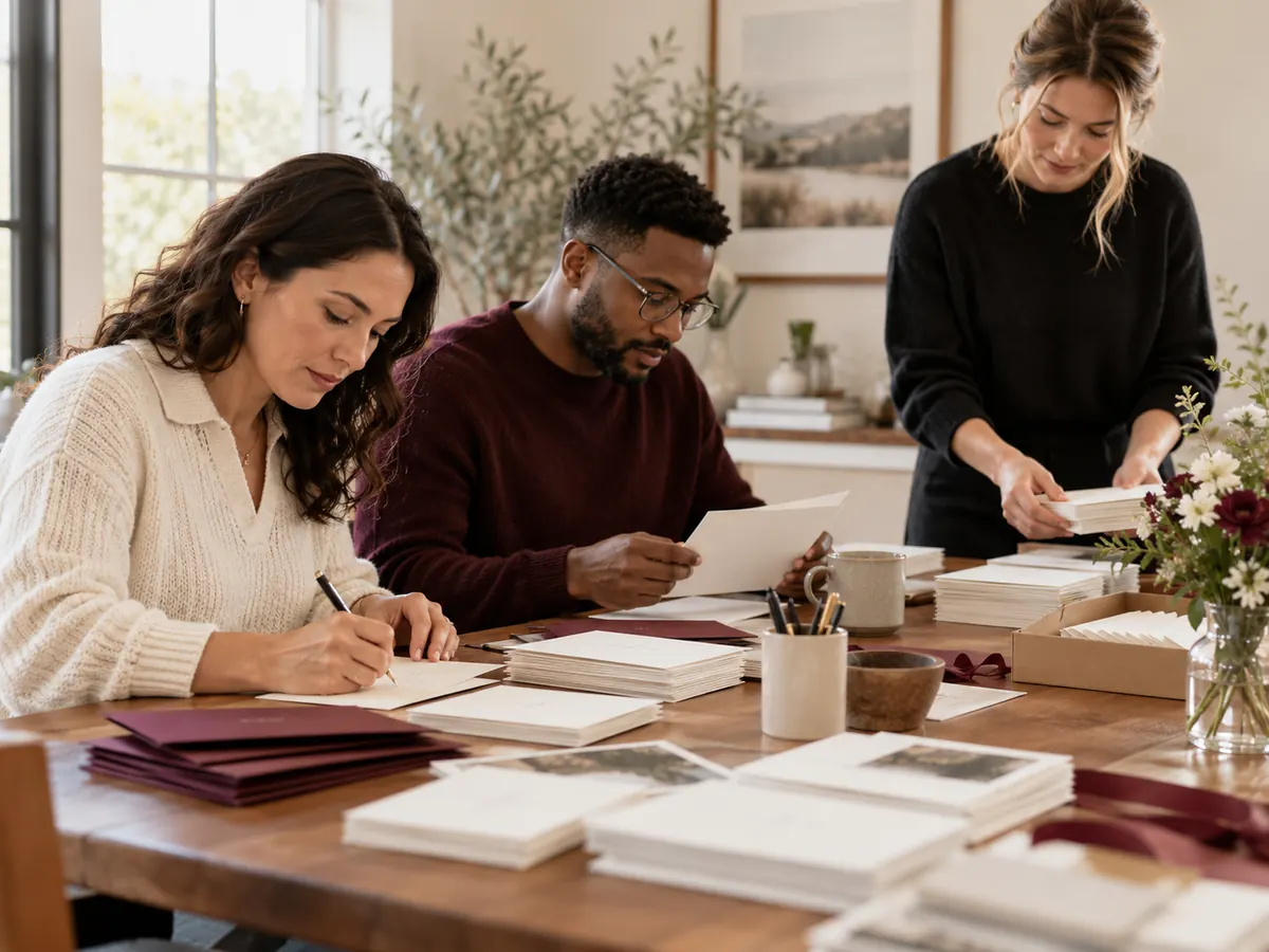 Two people at a table writing handwritten thank-you notes to donors.