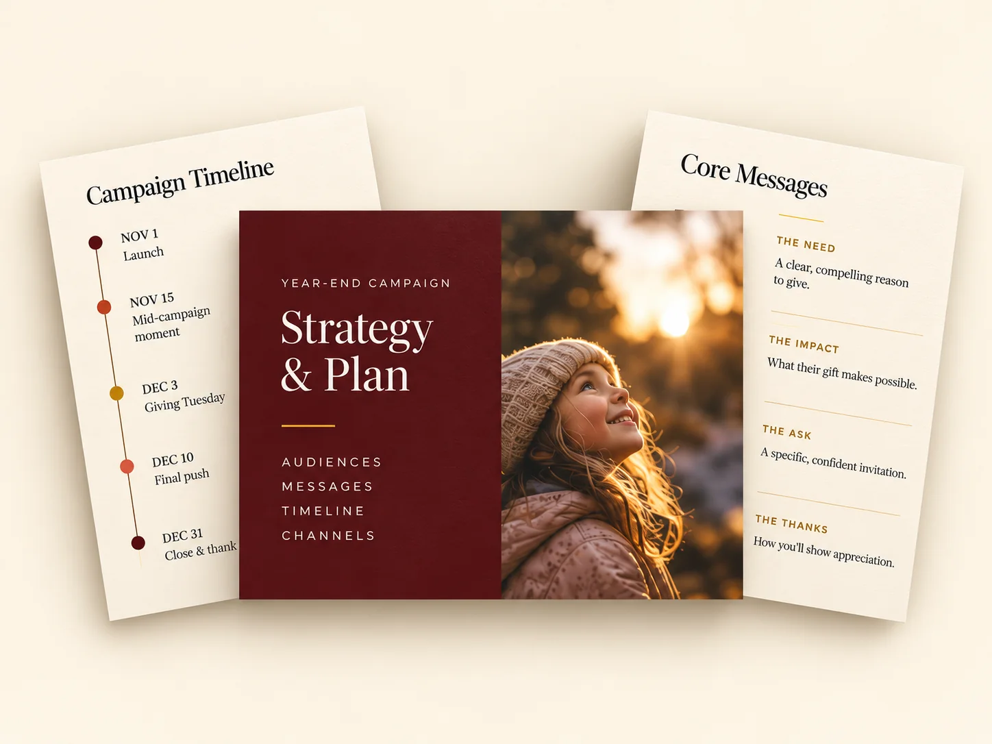 The strategy document for a year-end campaign, shown with a campaign timeline running from November 1 to December 31 and a core messages sheet covering the need, the impact, the ask and the thanks.
